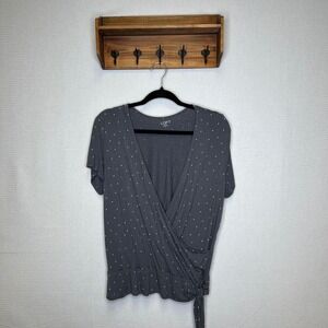 LOFT Outlet Women's XL Gray‎ Polka Dot Short Sleeve Wrap Tie Blouse Top
